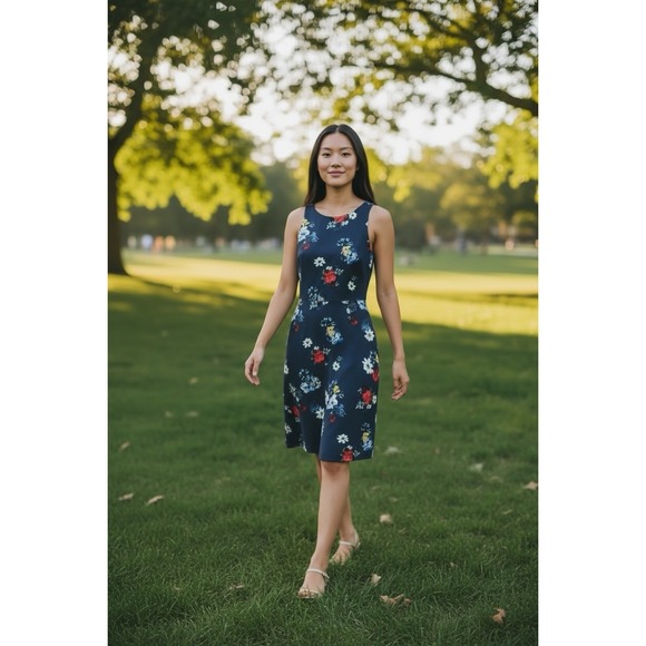 Banana Republic Patrizia Floral Racer-Neck Fit-and-Flare Dress Navy Size 00 $128 - Picture 5 of 11